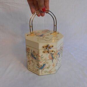 Vintage 1950s Annie Laurie Dickie birds decoupage wooden octagon box handbag